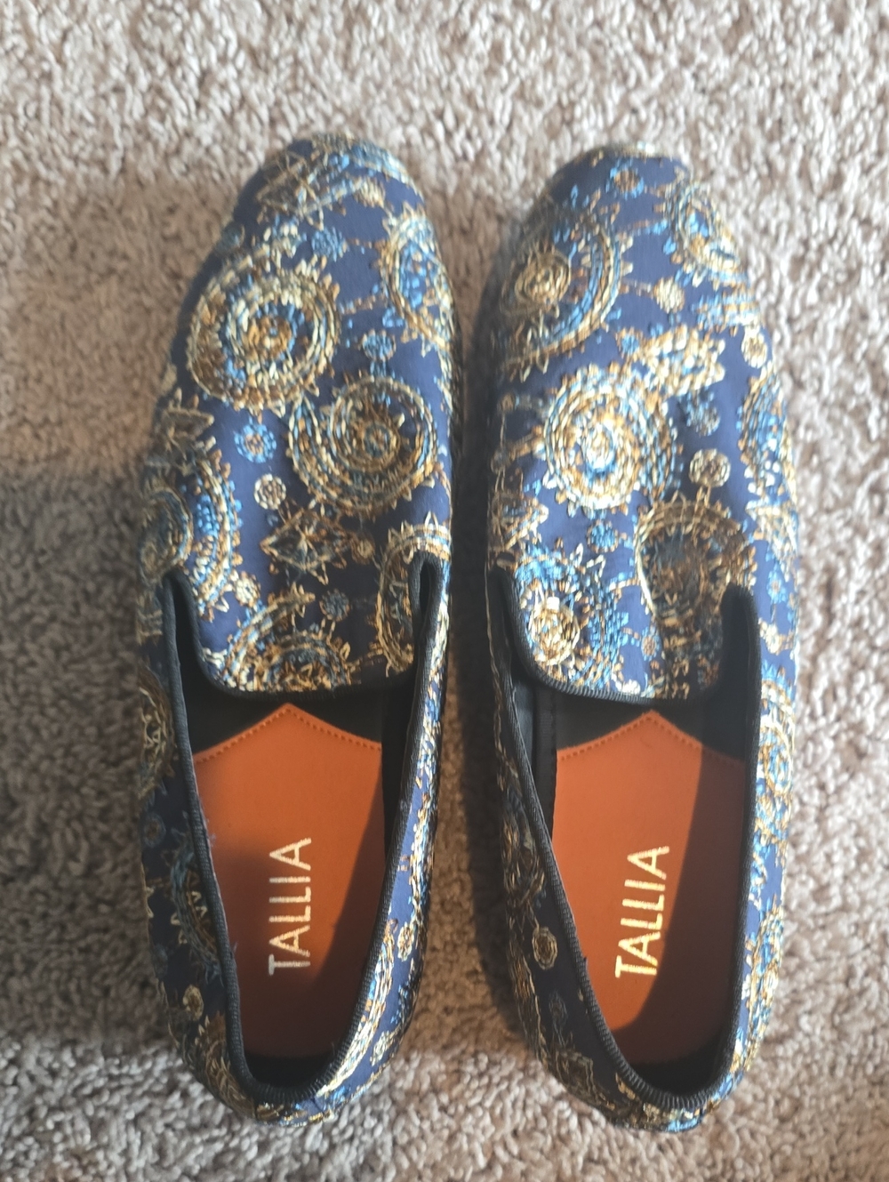 TALLIA Navy and Gold Brocade Slip-On Loafers for Men